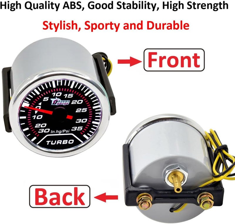 LKRXW Car Boost Gauge 2" 52mm Auto Turbo Boost Gauge Meter Pressure Pointer Gauges 12V Bright Light Indicator Vacuum Meter Smoke Len 0-30in.Hg / 0-35PSI - Image 2